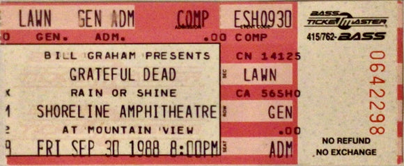 Grateful Dead Ticket Stub Shoreline amphitheater Friday Sept. 30,1988