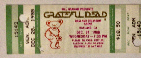Grateful Dead Ticket Stub Oakland Coliseum Arena, CA. December 28, 1988 Bear Art